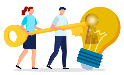 Man and woman colleagues holding key near light bulb object. Teamwork cooperation of male and female for thinking and creating idea of business success. Employees partnership for brainstorming vector