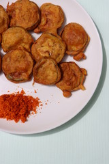 Brinjal Pakoda or Pakora, egg plant fritters, Indian food