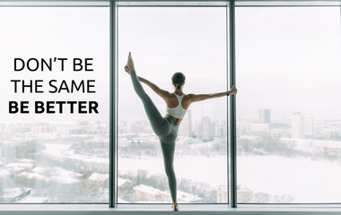 Fototapeta na wymiar Sports motivation and success quotes, yoga classes. Athletic girl trains and stretches in the gym.