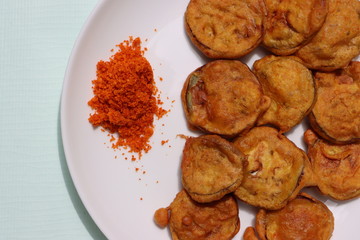 Brinjal Pakoda or Pakora, egg plant fritters, Indian food