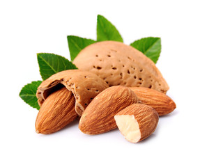 Almonds nuts with leaves.