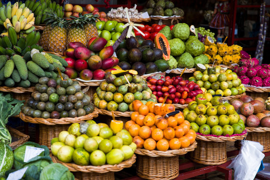 Exotic fresh fruits stall at the Funchal market on the island of Madeira in Portugal