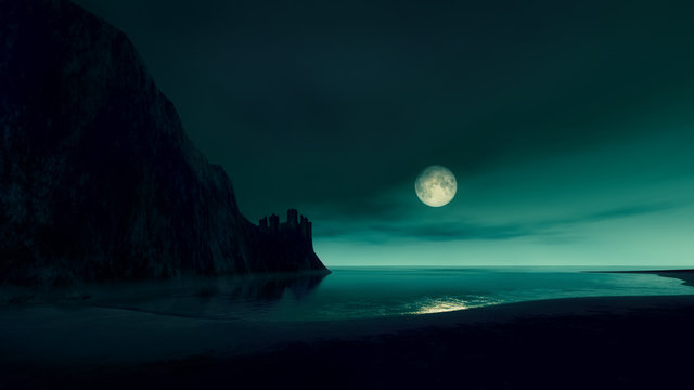 full moon at the ocean with lost castle by night