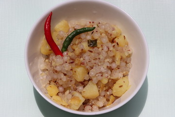Sabudana khichdi, Indian dish made of tapioca pearls, potatoes, peanuts and herbs, popular as a fasting food