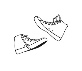 Hand Drawn Fashion Illustration Season Sneakers. Creative ink art work Summer Outfit Element. Actual vector drawing shoes. Black contour object on white background isolated