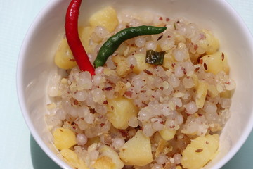 Sabudana khichdi, Indian dish made of tapioca pearls, potatoes, peanuts and herbs, popular as a fasting food