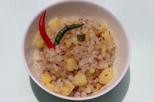 Sabudana khichdi, Indian dish made of tapioca pearls, potatoes, peanuts and herbs, popular as a fasting food