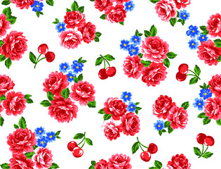 バラの花とさくらんぼの模様　テキスタイルデザイン　シームレス