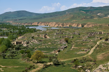 Fototapeta na wymiar A view of the surrounding landscape at the ancient Uplistsikhe cave town in Georgia.