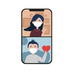 Female and male couple using smart phone communicate with each other. Young cute lady and man video call. Teen long distance relationship sent love. They wear face mask at home
