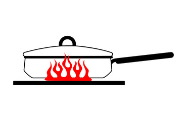 Cartoon stewpan with a lid and a long handle on a red gas stove. Image of a kitchen pot on fire. Illustration