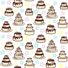 Different pale pink wedding and birthday cakes with flowers, stars and meringues on a white background with colorful stars. Vector seamless pattern for bakery, sweet shop, pastry shop, confectionery
