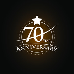 70 Years Anniversary Celebration Logotype. Golden Elegant Vector Illustration with Swoosh or Half Circle, Isolated on Black Background can be use for Celebration, Invitation, and Greeting card