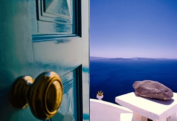 Greece, Santorini island, view to the Aegean sea from apartment at Oia village