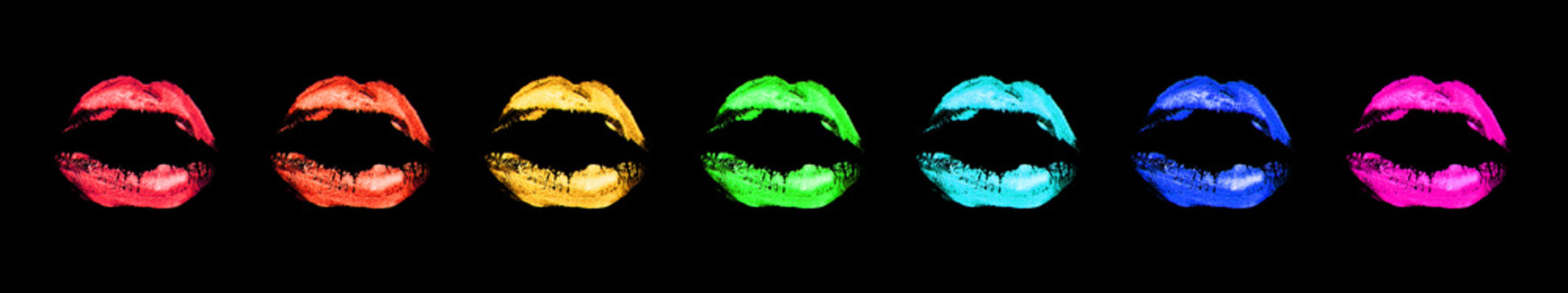 Rainbow color lipstick kiss print set on black background isolated close up, colorful sexy lips make up stamp collection, bright neon female kisses imprint, love sign, passion symbol, group of icons