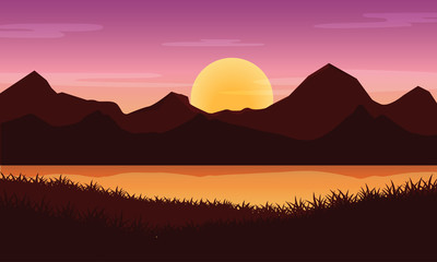 Lake and Mountainous landscape background at sunset. Vector illustration.