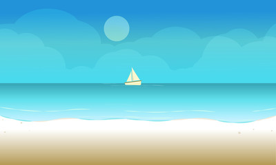 Naklejka premium Tło krajobraz plaża z żaglówką na oceanie morskim. Ilustracji wektorowych.