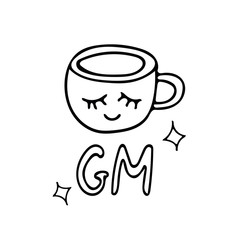 cup, stars and lettering gm hand drawn doodle  vector composition scandinavian monochrome minimalism good morning, mug, drink, tea, coffee, kitchen, hygge, cozy home cafe love Template greeting card