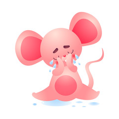 Cute pink humanized mouse character sitting with big ears and crying. Vector illustration in the flat cartoon style.