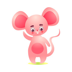 Happy pink mouse character standing with big ears and waving his hand. Vector illustration in the flat cartoon style.