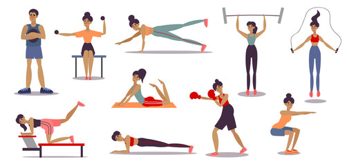 Set of male and female trainers doing different sport exercises in a gym. Vector illustration in flat cartoon style.