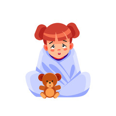 Sick child with seasonal infections, flu, allergy lying in bed. Sick girl covered with a blanket lying in bed with high fever and a flu, resting. Coronavirus. Quarantine. Cartoon vector illustration.