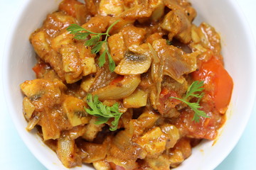 Chettinad mushroom masala, spicy dry curry of mushroom, Indian food