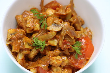 Chettinad mushroom masala, spicy dry curry of mushroom, Indian food