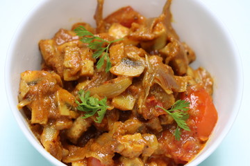 Chettinad mushroom masala, spicy dry curry of mushroom, Indian food