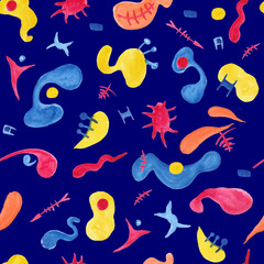 Childish pattern with abstract forms symbolising micro world of bacteria and microbes, friendly background, fabric design, wrapping paper, illustration to develop imagiation, microbes pattern