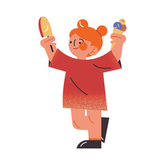 Cute red-haired girl in a red dress holding ice cream in raised hands. Vector illustration in the flat cartoon style