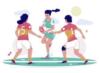 Women rugby football game, vector flat illustration
