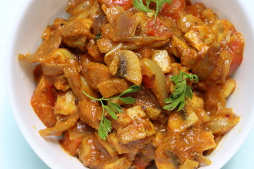 Chettinad mushroom masala, spicy dry curry of mushroom, Indian food