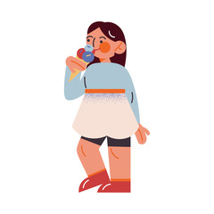 Cute brown-haired girl in a blue skirt standing with ice-cream. Vector illustration in the flat cartoon style