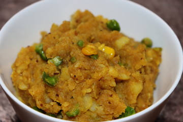 Mush potato curry, aloo ka bhurta, Indian food