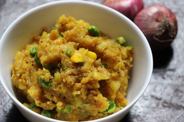 mashed potatoes spicy curry. Aloo ka bharta, aloo ki sabzi, spiced mashed potato, popular in...