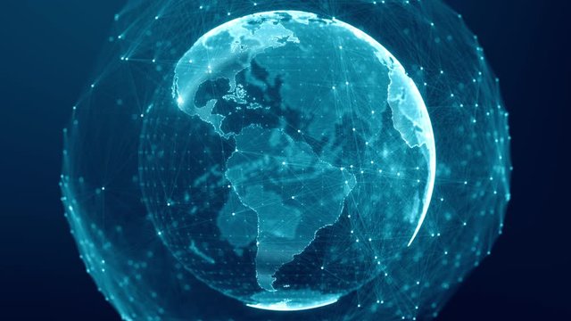 Communication technology global world network concept. Connection lines Around Earth Globe, Motion of digital data flow. Futuristic Technology Theme Background with Light Effect. Seamless loop.