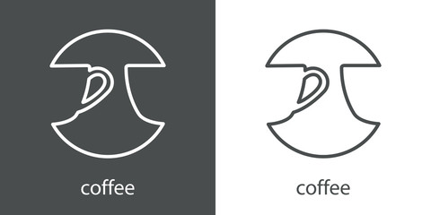 Logotipo lineal texto coffee con taza en espacio negativo en círculo en fondo gris y fondo blanco