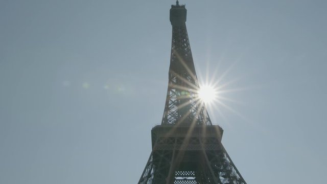 Eiffel Tower Paris, Tilt Down. Iconic Landmark Without Tourists and People During Coronavirus Pandemic Outbreak