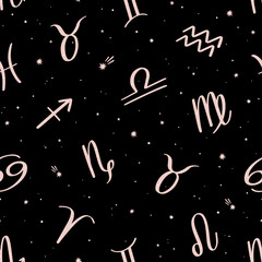 Seamless pattern with pink zodiac signs on black background. Space background.
