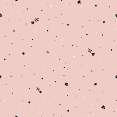 Seamless pattern of starry sky on pink background. Cute stars and comets. Space background.