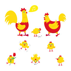 Yellow and red chicken with broken egg, nest, set of chicks and a rooster cock flat style design vector illustration. Chicken farming poultry symbol signs. Domestic bird isolated on white background.
