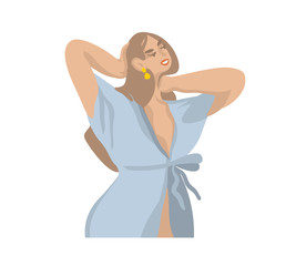 Hand drawn vector stock abstract graphic cartoon illustration with young woman character, in a bathrobe isolated on white background