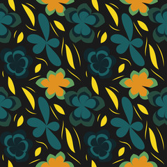 seamless pattern with leaves and flowers doodling style