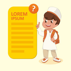 Muslim Boy explaining text with poiting hand and holding backpack bag for ramadan social media content 