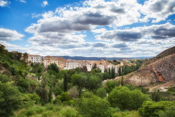 Fototapeta na wymiar Far view to the medieval skyscraper, Cuenca, Spain