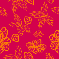 seamless pattern with leaves and flowers linocut style