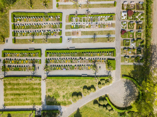 Aerial view of tranquil cemetery in Europe. Concept of grave yard.