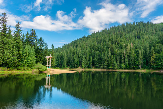 lake scenery among the forest in mountains. beautiful alpine landscape in summer. Synevyr National park is a popular destination of Ukrainian Carpathians. clouds reflecting on the calm water surface