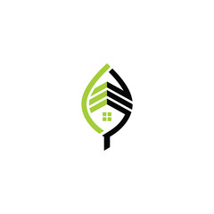 green leaves eco home, vector logo design template